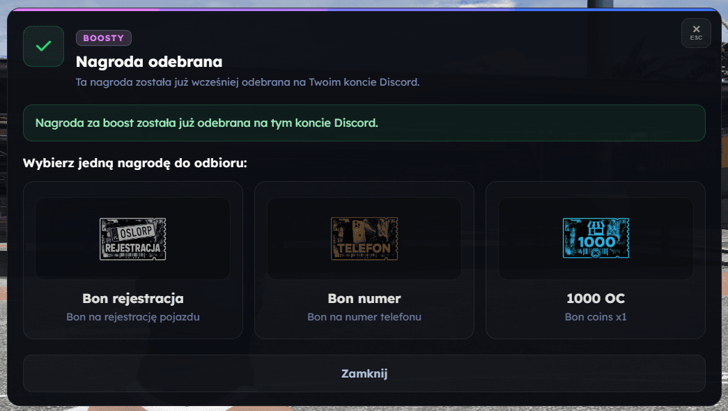 Panel odbierania nagrody za boost serwera Discord