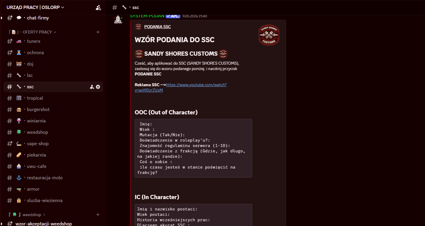 Discord urzędu pracy OsloRP z kanałami rekrutacyjnymi