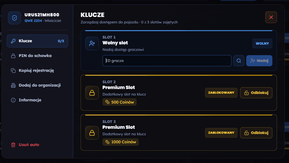 Panel zarządzania pojazdem z listą slotów na klucze