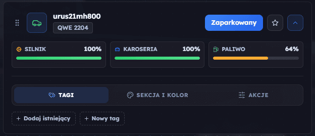 Rozwinięta karta pojazdu z zakładkami Tagi, Sekcja i kolor oraz Akcje