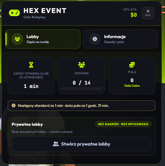 Menu Hex Eventu z licznikiem zapisów i pulą nagród
