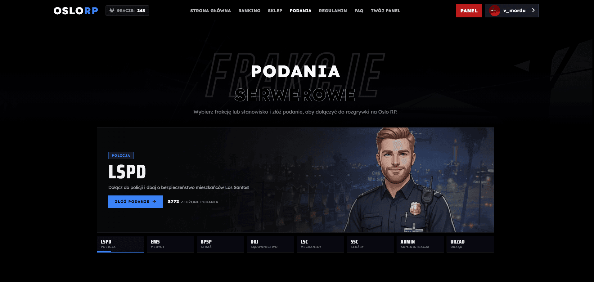 Strona z podaniami do frakcji na OsloRP