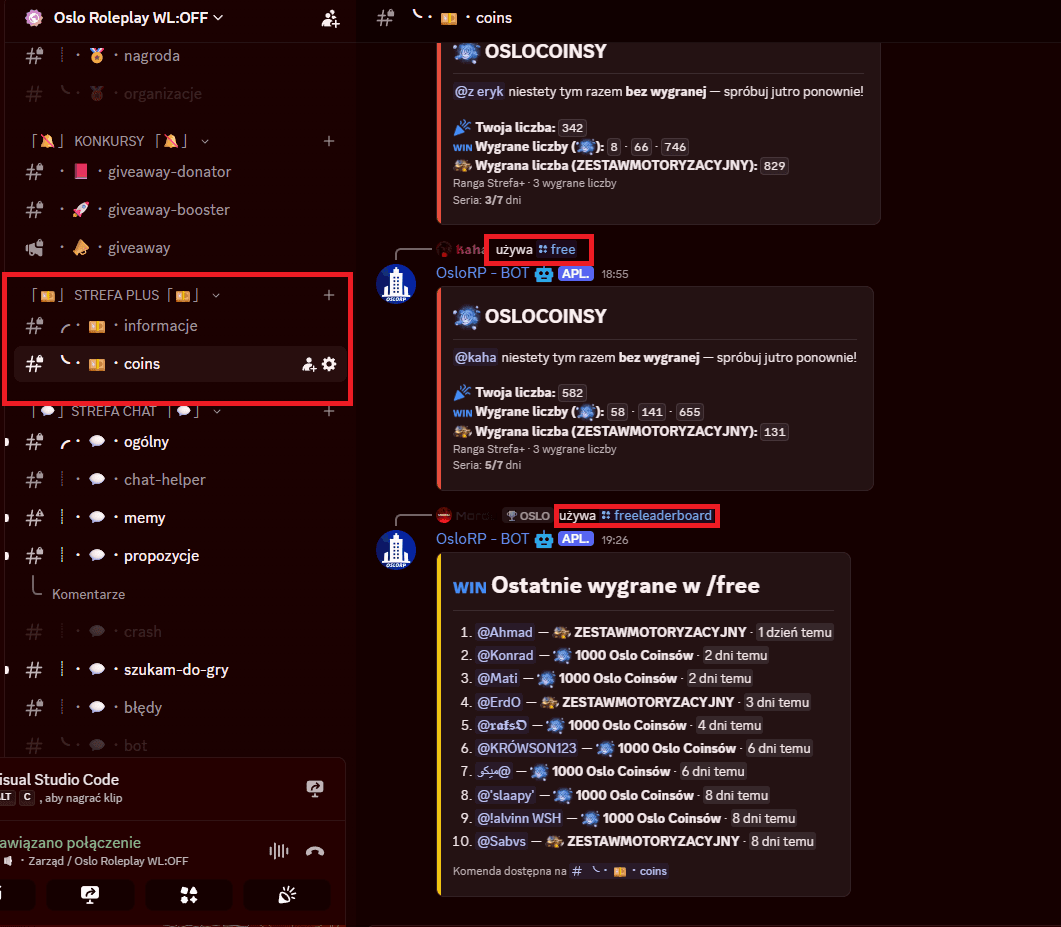 Kanał #coins na Discordzie z wynikami losowania /free